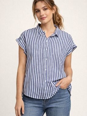 EUC Lola River Blue & White Striped Short Sleeve Linen Blend Button Down, Sz Lrg
